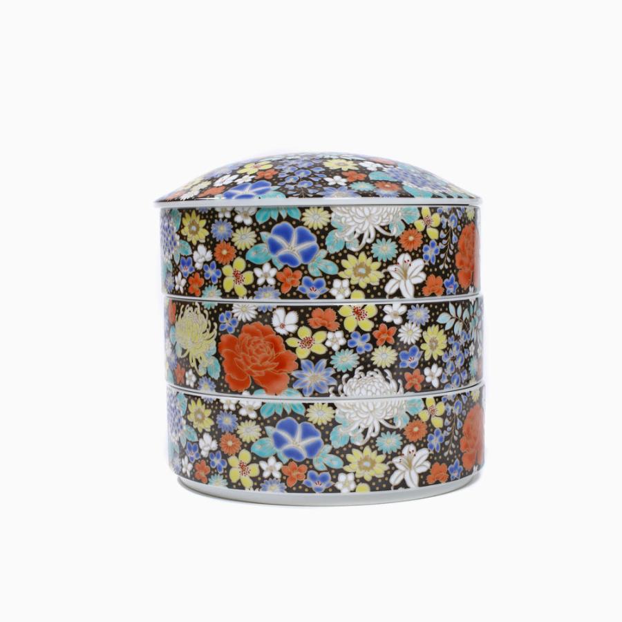 九谷焼三段重 三段重ね 花詰黒色 青郊窯 九谷焼三段重 三段重ね 花詰