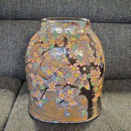 送料無料 ◇ 工芸品 陶磁器 桜壷 山本潯陽 幅210×奥行148×高さ235mm 桜