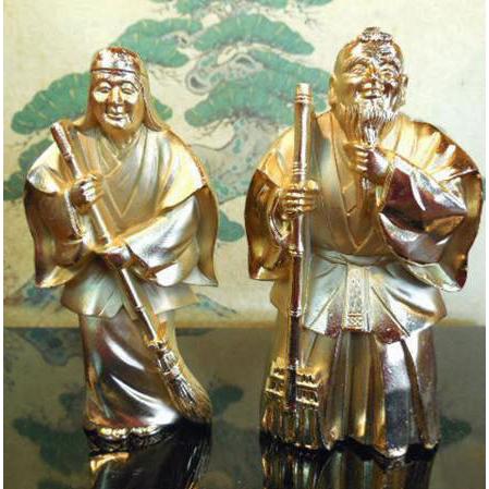 送料無料 ◇ 金属製 高砂人形 金色 長寿 夫婦円満 縁起物 幅271×奥行