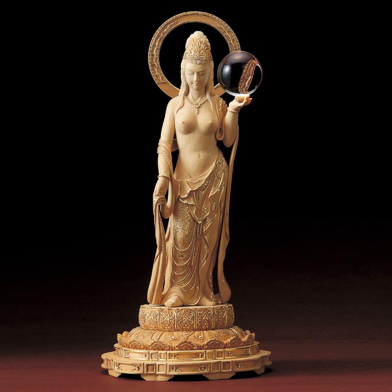 天然 檜 総手彫り 『 裸 吉祥天 』 李建作 純金彩 水晶宝珠 木彫 彫刻