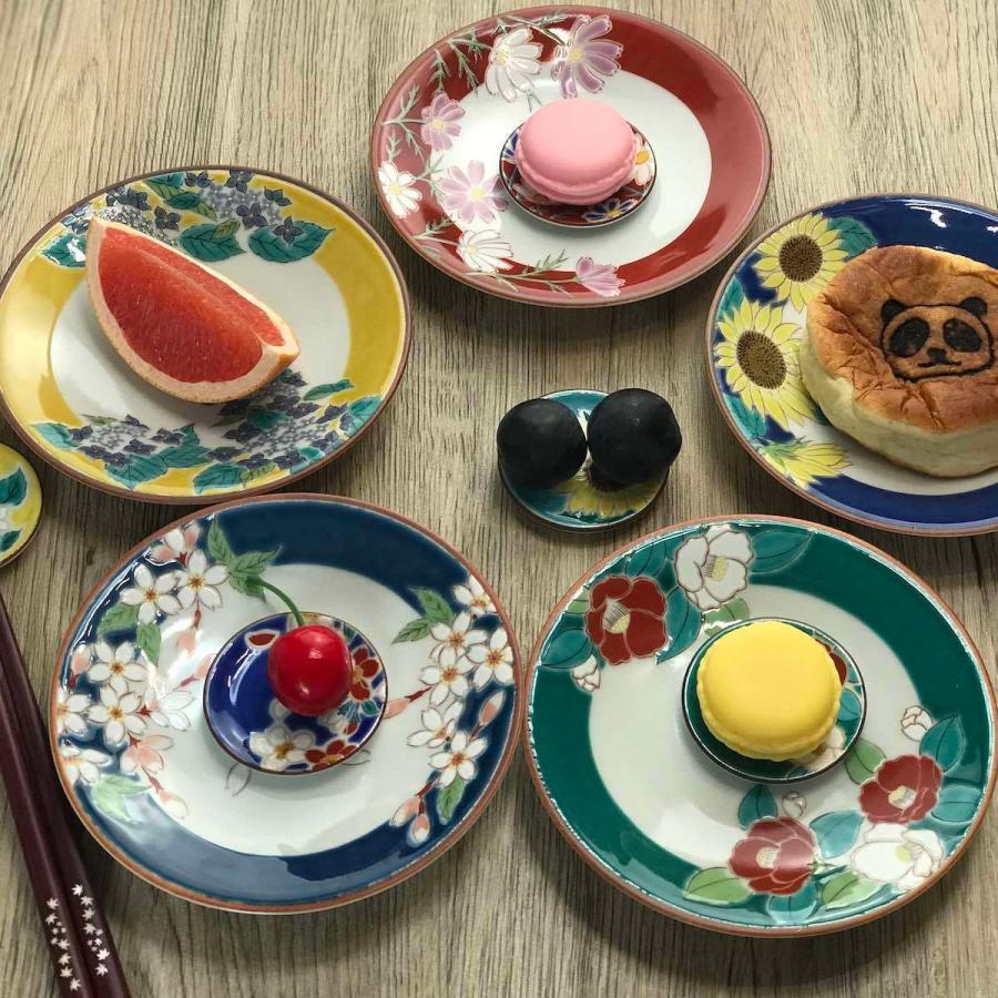 九谷焼 四季の花 4.6号皿揃 中皿 5枚 セット おしゃれ 青郊窯 日本製