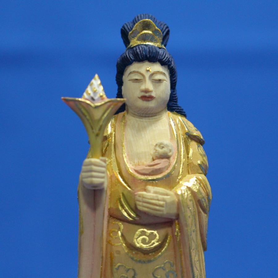 木彫仏像/鬼子母神（訶梨帝母）立像身丈3寸桧木淡彩色 : トモエの木彫