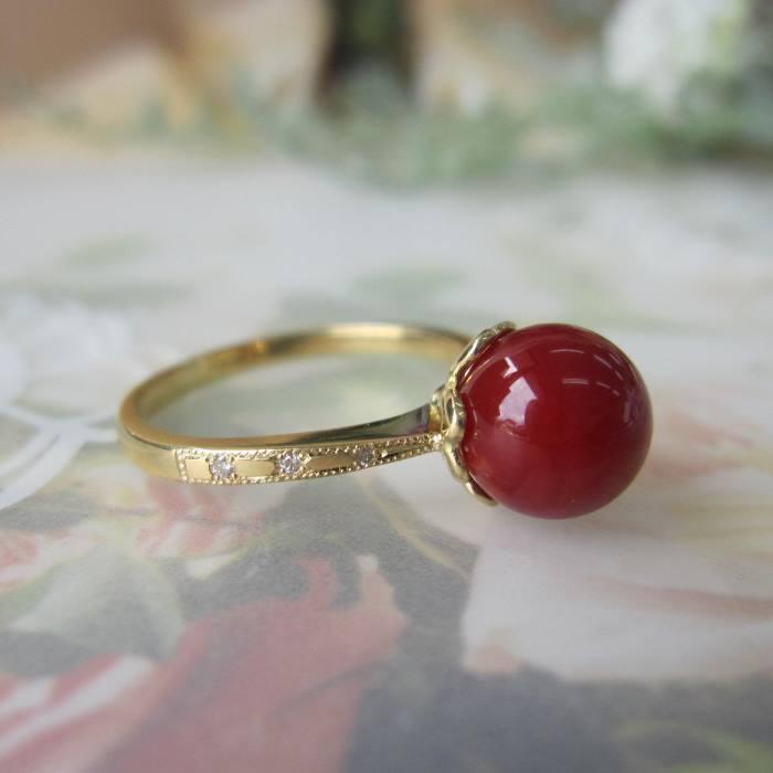 日本 高知産血赤珊瑚 リング 指輪 （7.9ミリ） ダイヤ0.02ct K18 宝石