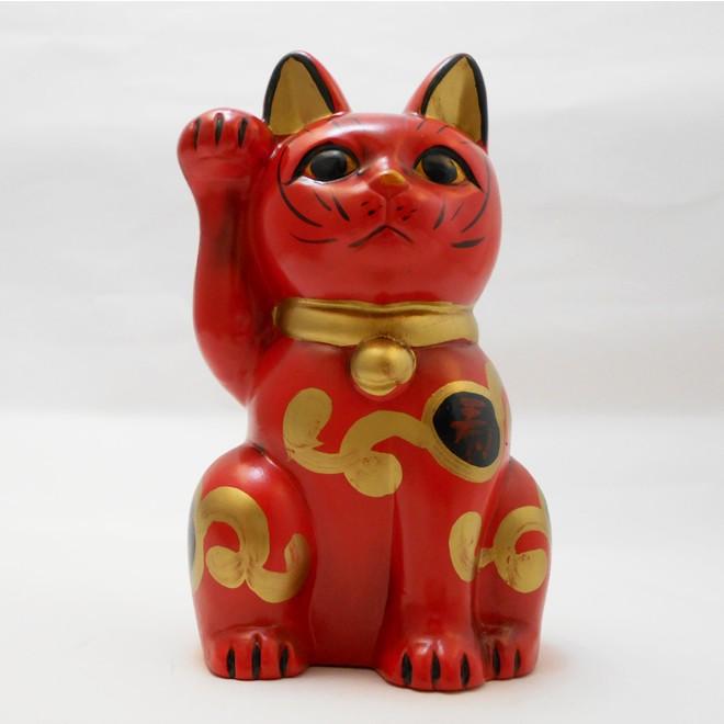 招き猫・古色吉祥維新猫 ・小サイズ赤色・瀬戸焼 : 駄菓子とおもちゃの