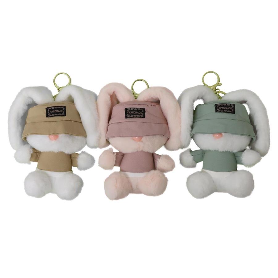DJラビット キーホルダー 3色セット ぬいぐるみ風 ふわふわ手触り 帽子