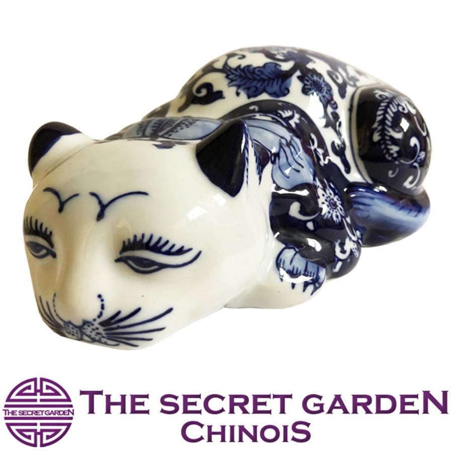 THE-SECRET-GARDEN シノワズリ ブサカワ 猫 置物 大 青白陶器 ネコ