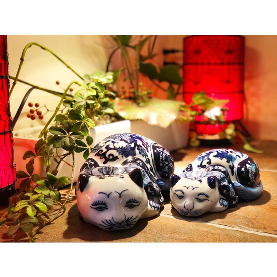 THE-SECRET-GARDEN シノワズリ ブサカワ 猫 置物 大 青白陶器 ネコ