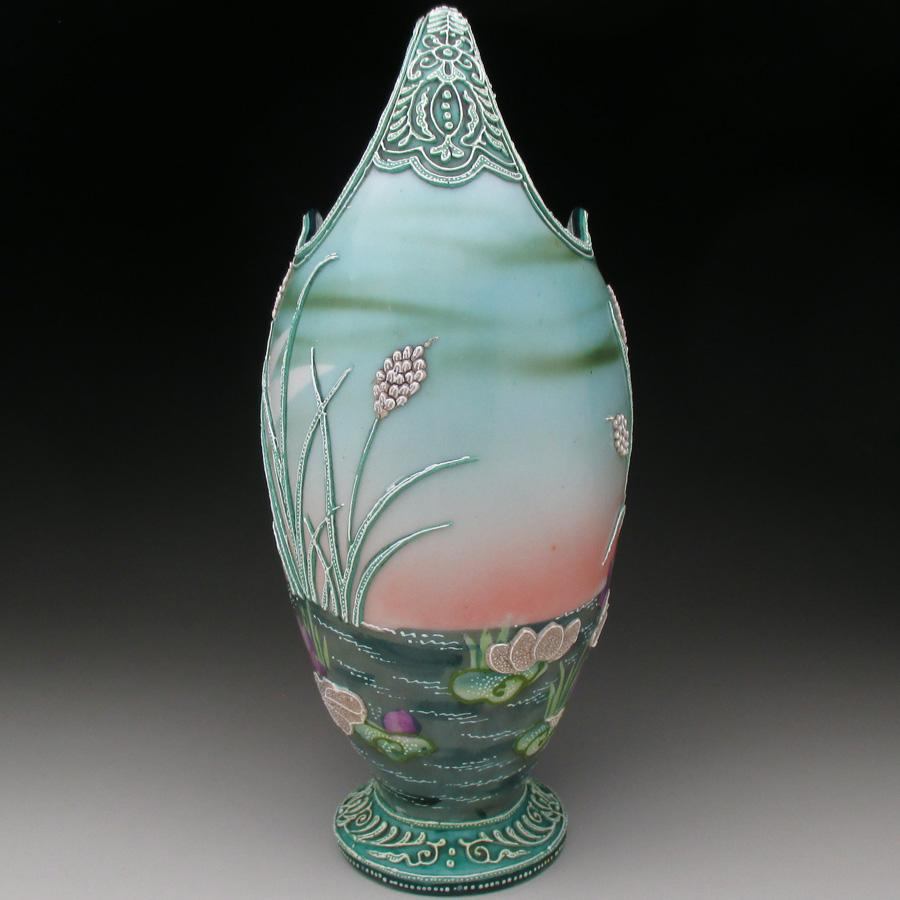 ノリタケ オールドノリタケ 盛り上げ白鳥絵 花瓶 22cm : アンティーク