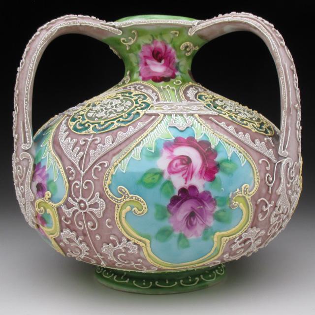 ノリタケ オールドノリタケ 金彩盛り上げ薔薇絵 花瓶 : アンティーク