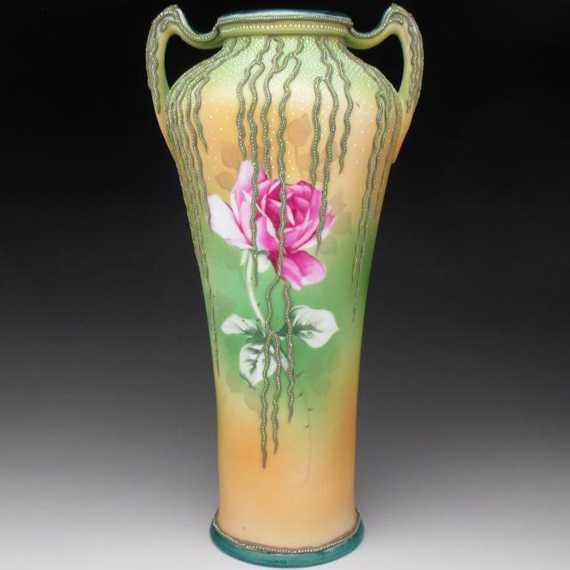 ノリタケ オールドノリタケ 盛り上げ柳 薔薇絵 花瓶 壺 25cm