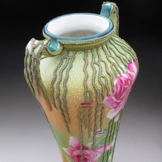 ノリタケ オールドノリタケ 盛り上げ柳 薔薇絵 花瓶 壺 25cm