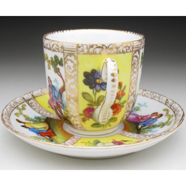 ドレスデン イエロー地ワトー絵 カップ＆ソーサー アンティーク 19世紀