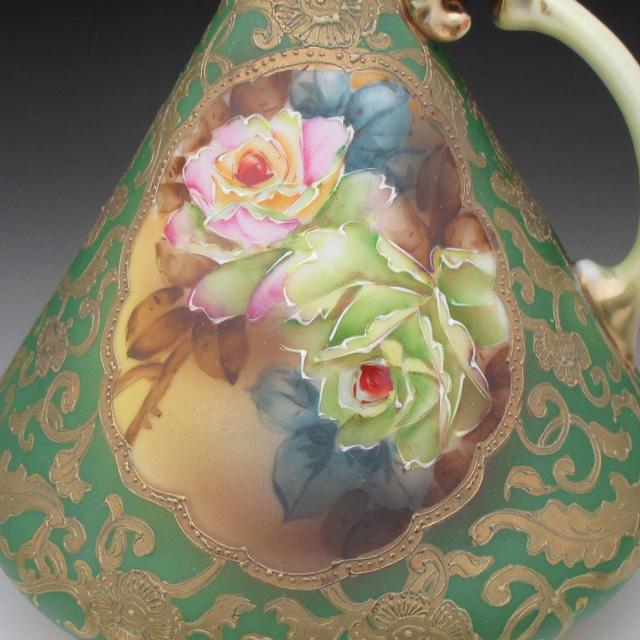 ノリタケ オールドノリタケ グリーン地金盛り薔薇絵 水差し ピッチャー