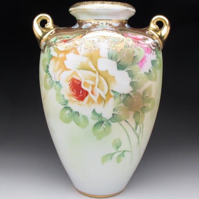 ノリタケ オールドノリタケ 金盛り薔薇絵 花瓶 25cm : アンティーク