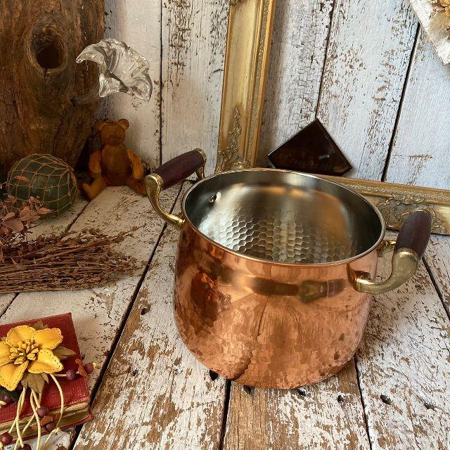 ヴィンテージ 未使用*Solid Copper*槌目 両手鍋 20cm*ウッド 木の