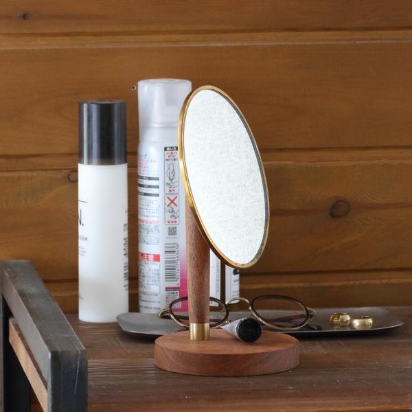 鏡 卓上 置き型 おしゃれ 真鍮 木製 スタンドミラー オーバル