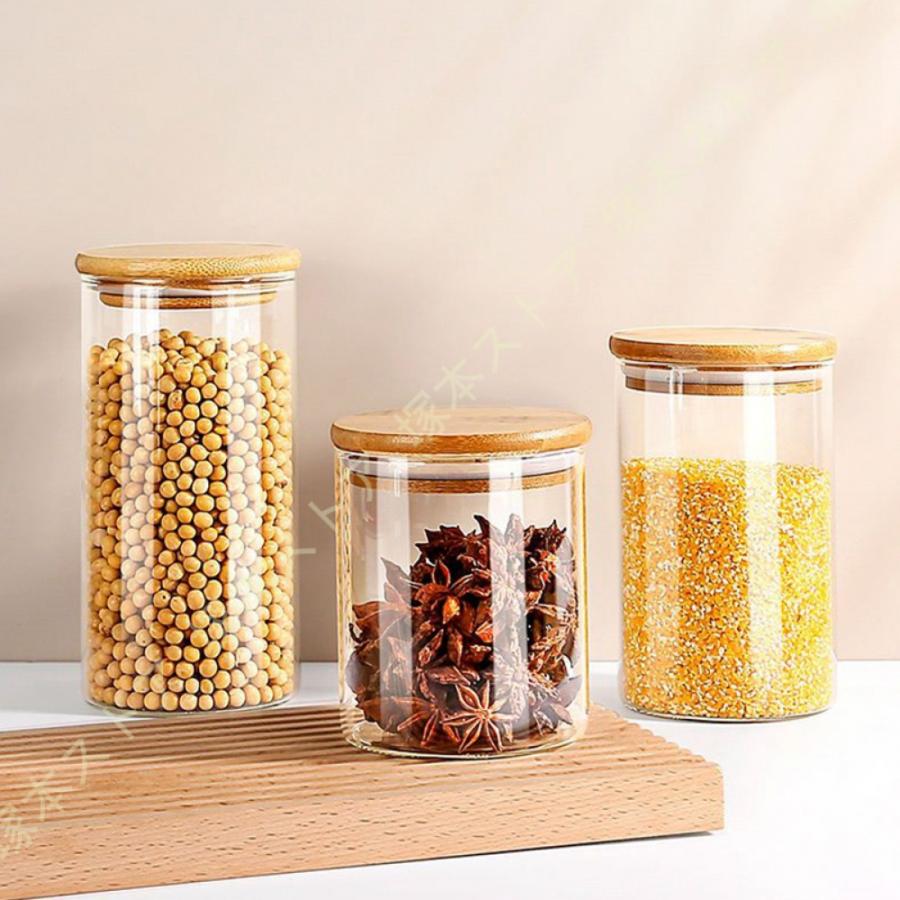 食品貯蔵タンク ガラスキャニスター キッチン 収納 竹蓋付き 深型 透明