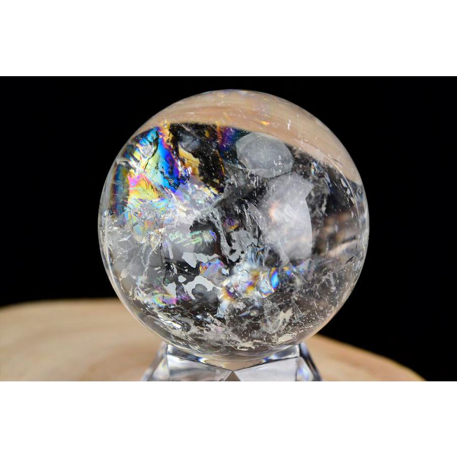 レインボー水晶 丸玉 アイリスクォーツ 天然水晶 現物画像 台座付