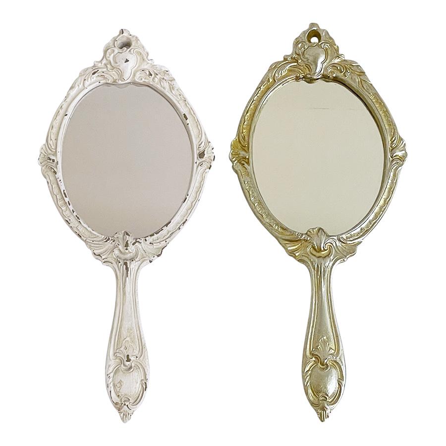 アンティークレリーフ 手鏡 ハンドミラー シャンパンゴールド ホワイト