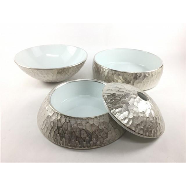 有田焼 李荘窯 玉重 本銀彩槌目内白 珠型三段重 化粧箱付き 食器 銀色