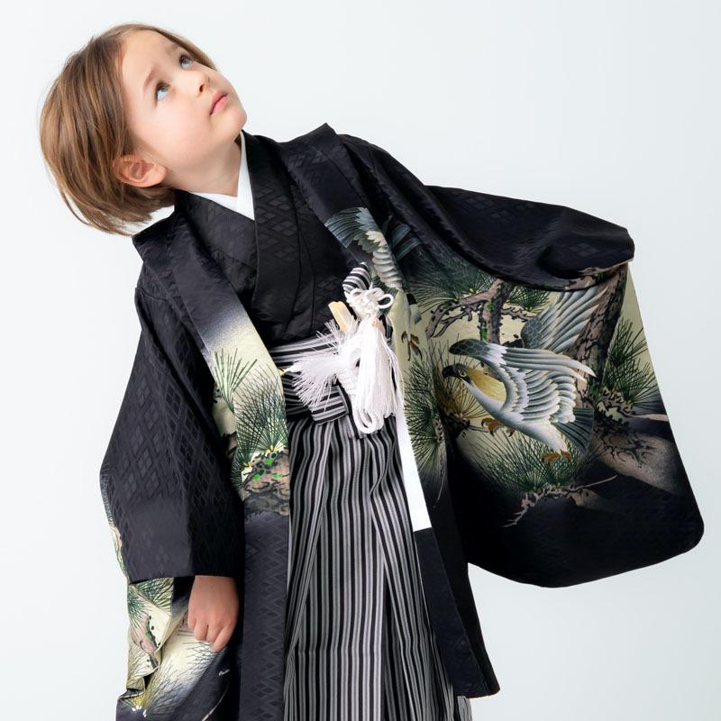 七五三 着物 レンタル 753 5歳 男の子 黒 鷹に松×黒縞 端午の節句