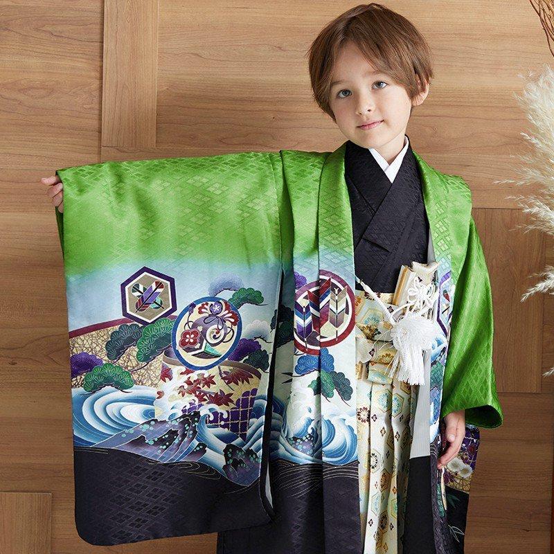 七五三 着物 レンタル 753 5歳 男の子 緑 鷹に波と菱格子 端午の節句