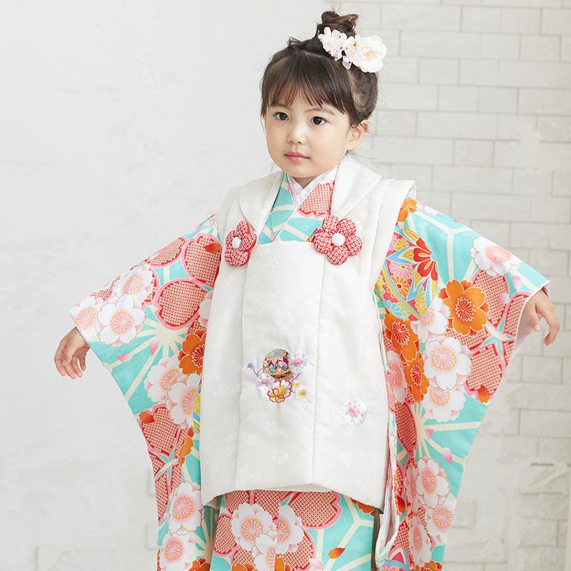 七五三 着物レンタル 3歳 753 女の子 フルセット 被布 白×エメラルド