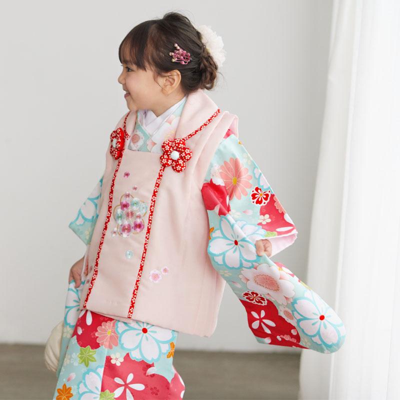 七五三 着物レンタル 3歳 753 女の子 フルセット 被布 水色桜×薄ピンク