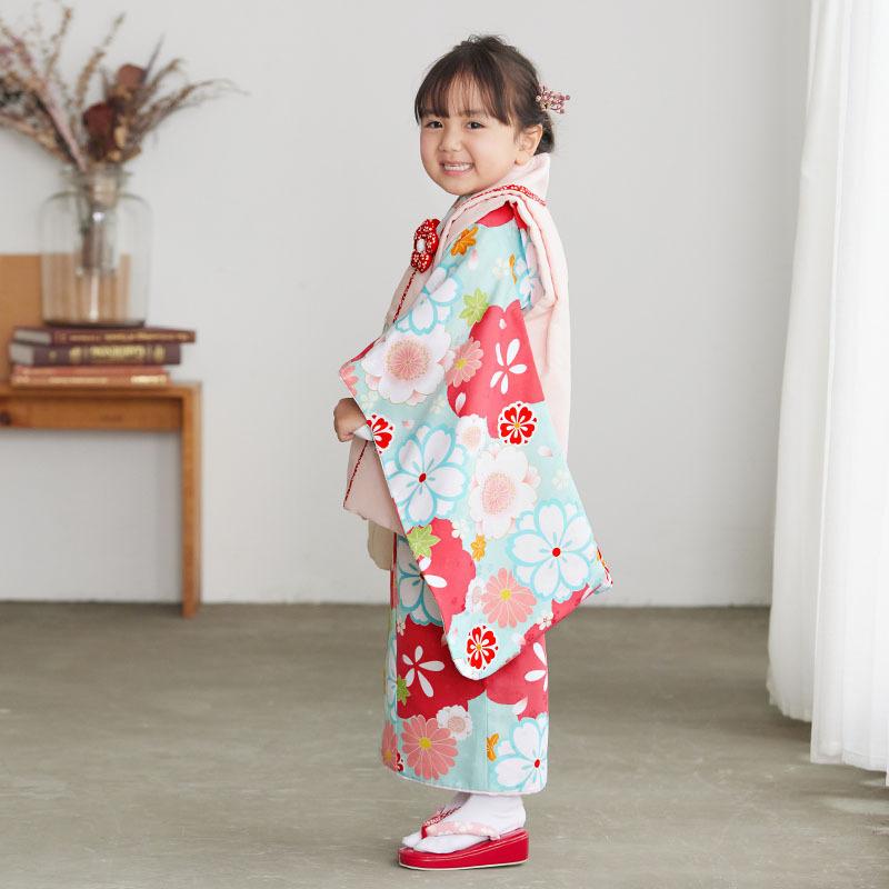 七五三 着物レンタル 3歳 753 女の子 フルセット 被布 水色桜×薄ピンク
