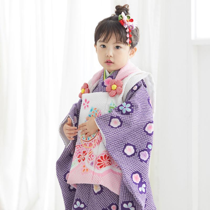 七五三3歳正絹総絞り手縫いの被布と巾着(被布丈47㌢）青色