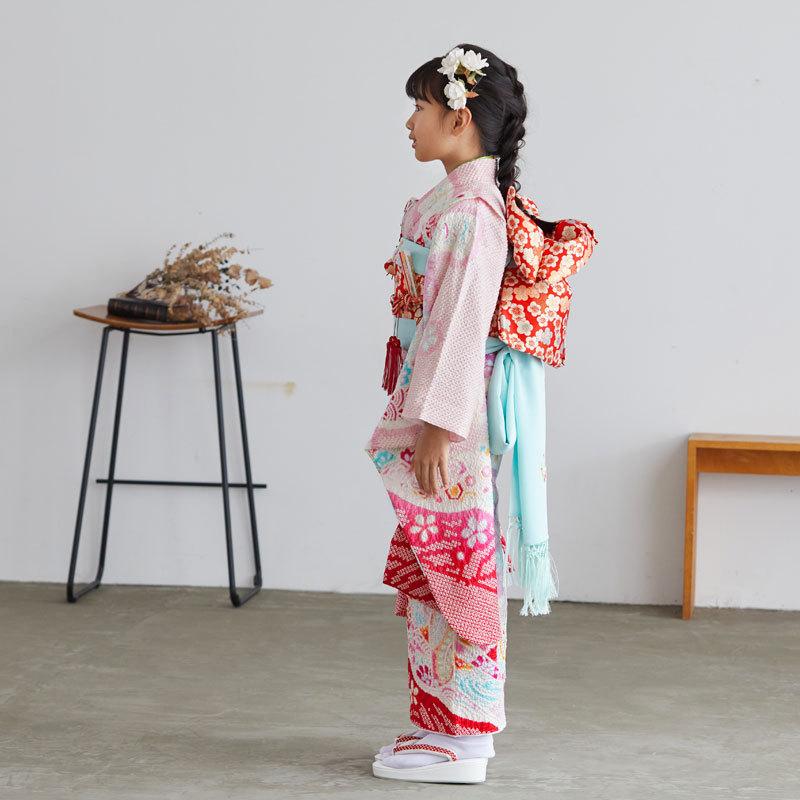 七五三 7歳着物 レンタル フルセット 淡ピンク 総絞り 熨斗束に手毬