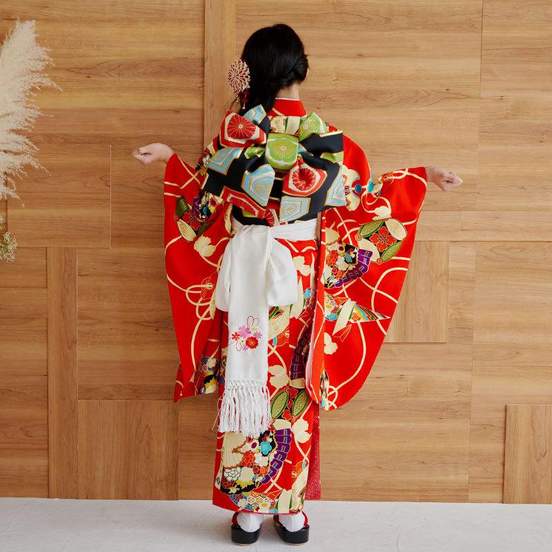 七五三 7歳着物 レンタル フルセット 紅一点 ブランド着物 赤 扇面に