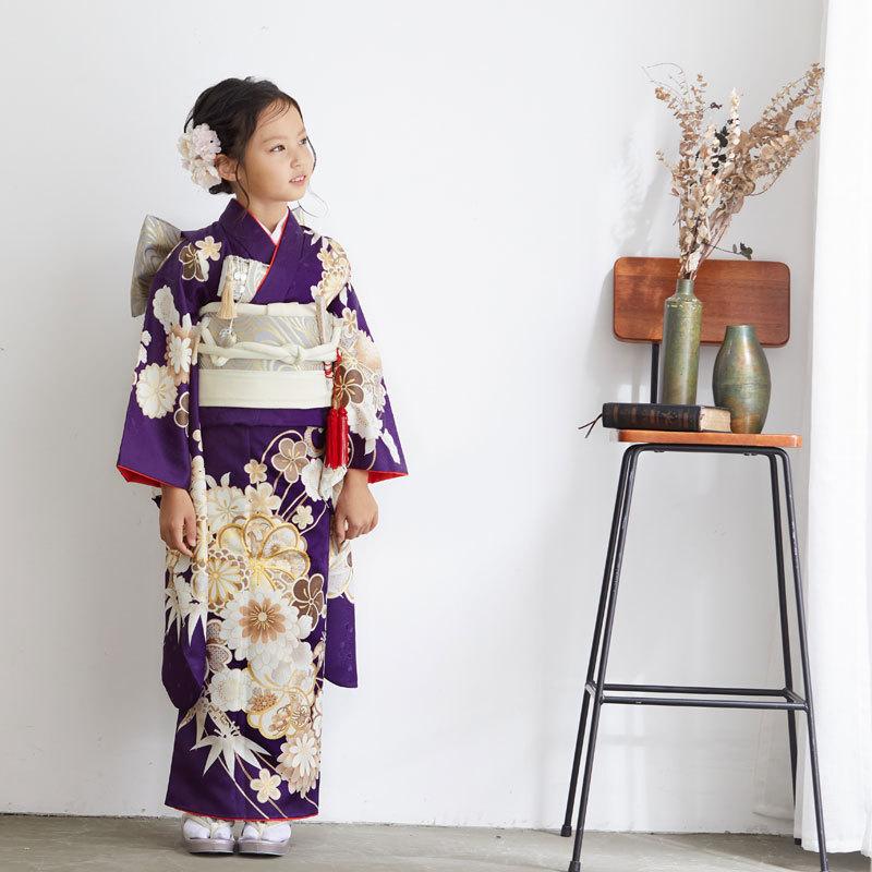 七五三 7歳着物 レンタル フルセット 紫 梅と菊 女の子 七歳 753