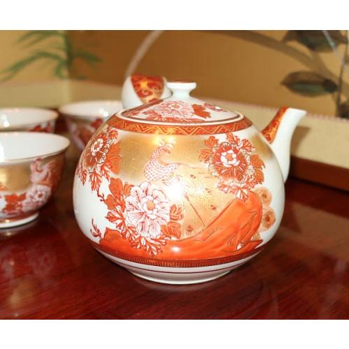 九谷焼 茶道具 十客茶器揃（急須・碗10ヶ入） 本金赤牡丹孔雀 錦苑作