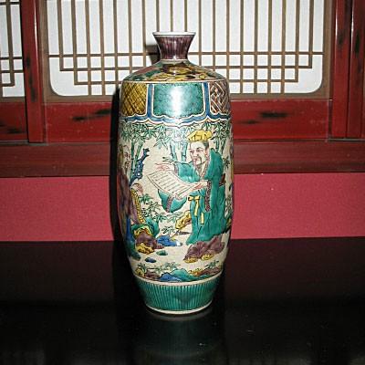 九谷焼 花瓶 陶器 古九谷人物 糠川清章（はせがわせいしょう）作