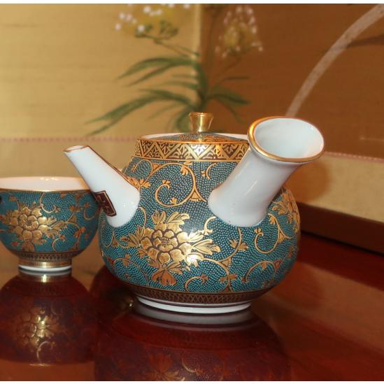 2340九谷焼青九谷青花染付山水茶器セット宝瓶1客湯冷し1客湯呑5客