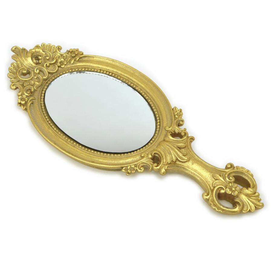 ハンドミラー 手鏡 アンティーク ホワイト ゴールド 楕円ミラー 鏡