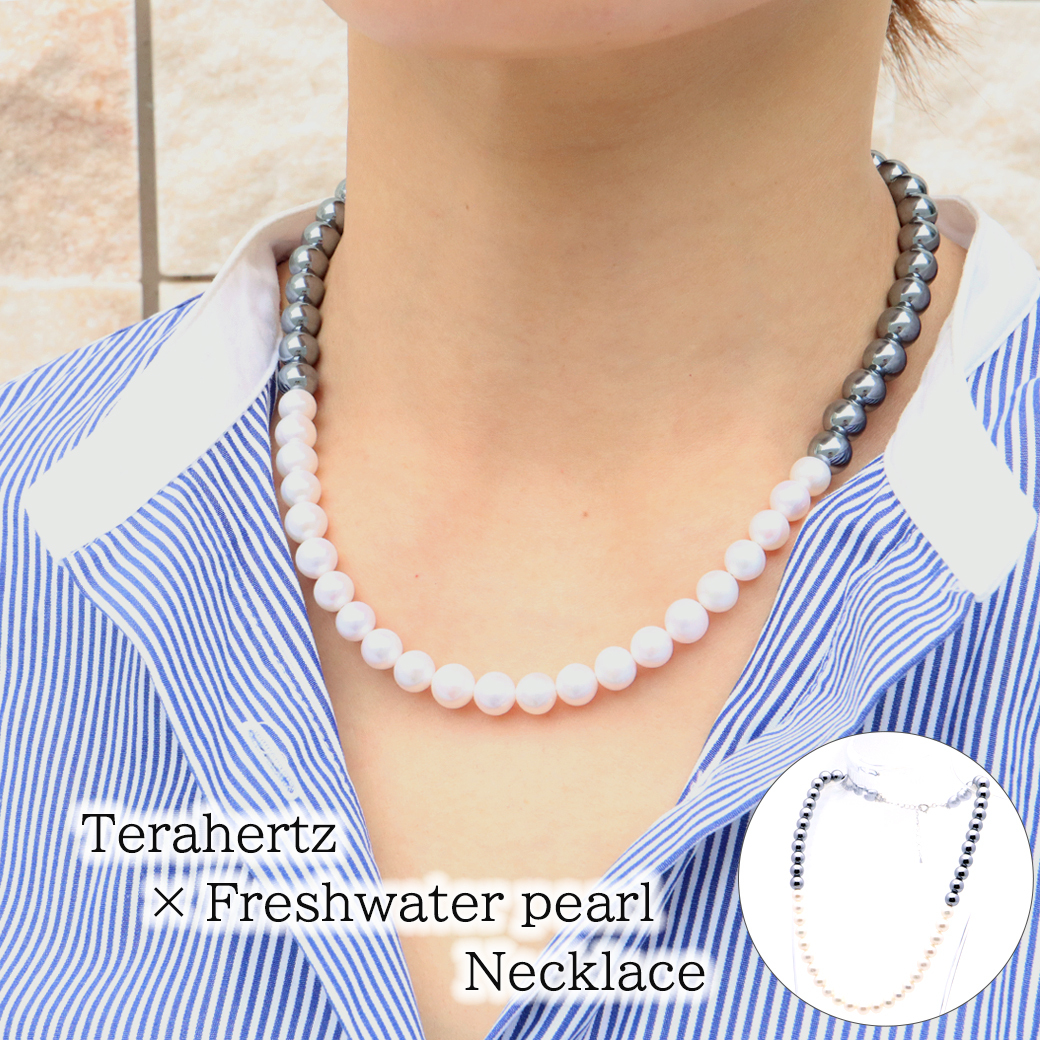 GOLD STONE 天然淡水パール 真珠ネックレス テラヘルツ鉱石 本物 8mm