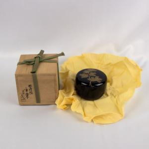 蒔絵師 一瓢斎 黒塗金蒔絵扇面波文 内梨地 棗 二重箱 茶道具 茶入 : 古