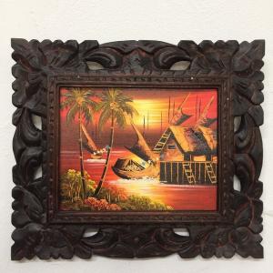 バリ絵画 風景画 稲刈りとバトゥール山 38×33 B-3 額付き バリ ウブド