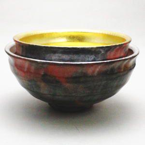 茶道具 抹茶茶碗 嶋台茶碗 島台茶碗 川崎和楽作 楽焼き 赤楽茶碗 金銀