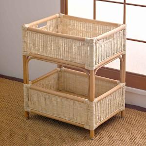 ランドリーバスケット 2段 ラタン 円形 キャスター付 籐家具 直径46cm