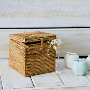 アジアン雑貨 アタ製大きなフタ付きボックス型バスケット Lタイプ