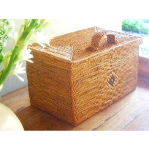 アジアン雑貨 アタ製大きなフタ付きボックス型バスケット Lタイプ