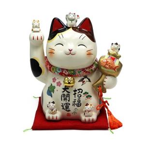 大阪長生堂 招き猫 置物 陶器 福がさね 猫 高さ：17.5cm 木札に毛筆で