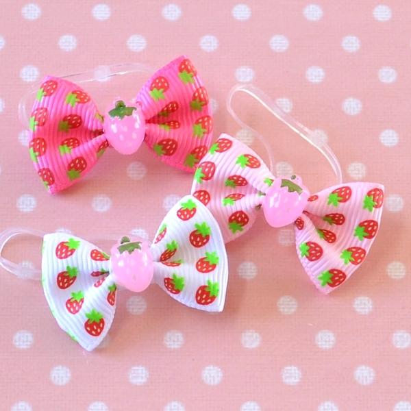 キッズ用 イチゴ+いちご柄グログランリボンの絡まないゴム 3個 ヘア