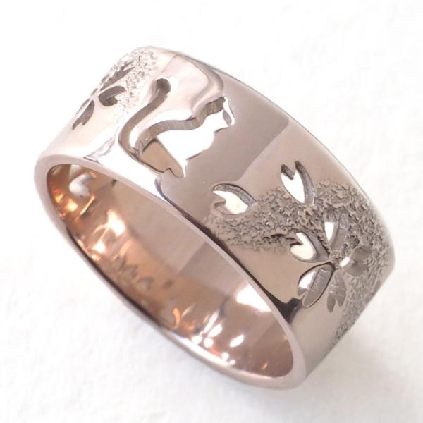 エス 和柄 アクセサリー 霞桜×猫 平打ちリング 透かし彫 8mm幅 ピンク