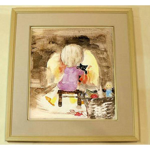 絵画 いわさきちひろ 暖炉の前でネコを抱く少女 額 児童画 色紙 送料