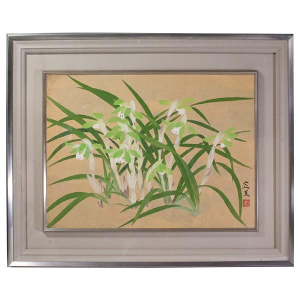 日本画 望月定夫 「春蘭」 8号 共シール タトウ付 : アンティーク慈光