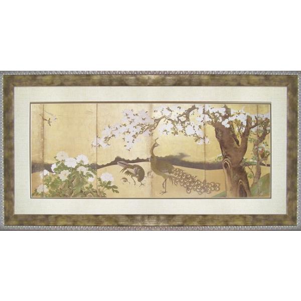 日本画 和風フレーム 狩野永徳「桜と孔雀」5Lサイズ 絵画 壁掛け 壁